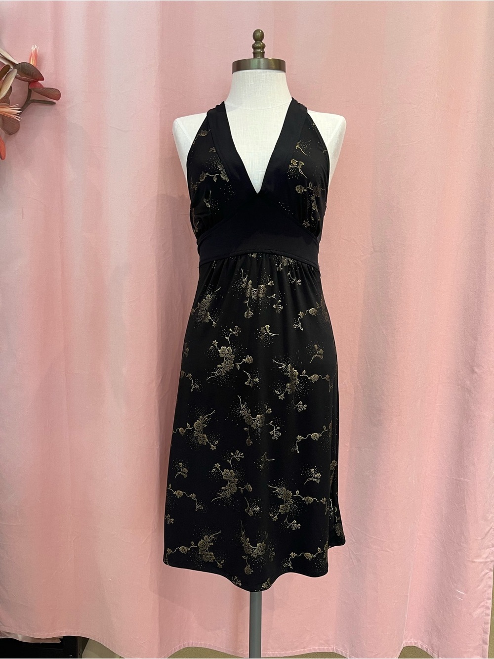 Poet Black Gold Floral Halter Dress Medium Y2K Empire Waist Party Dress